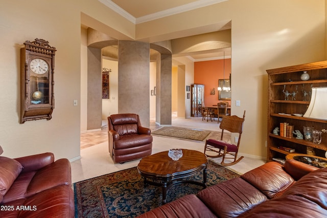 living room with crown molding