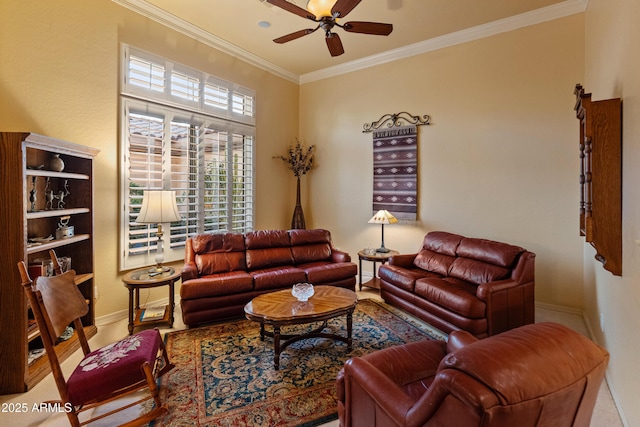 living room featuring ornamental molding and ceiling fan