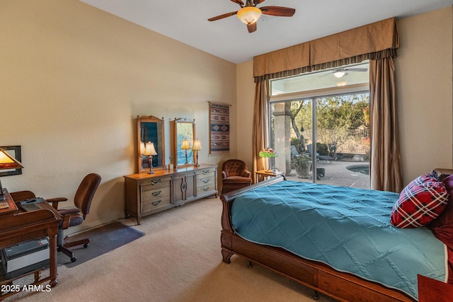 bedroom featuring light carpet, access to exterior, vaulted ceiling, and ceiling fan