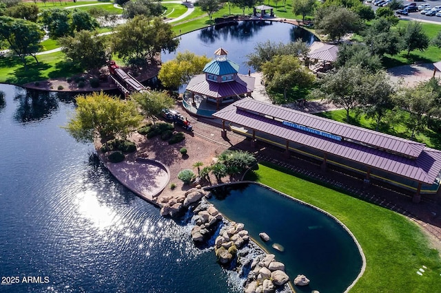 aerial view featuring a water view