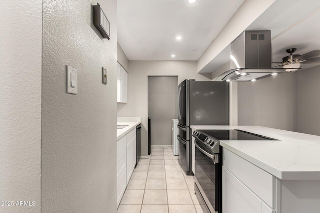 14408 N 35th Ave, Phoenix, AZ 85053 - kitchen featuring white cabinetry, light tile patterned floors, dishwasher, electric stove, and island exhaust hood