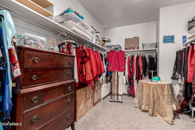 spacious closet featuring light colored carpet