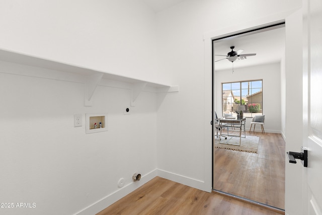 81 E Smoke Tree Rd, Gilbert, AZ 85296 - laundry room with gas dryer hookup, a ceiling fan, hookup for a washing machine, and light wood-style flooring