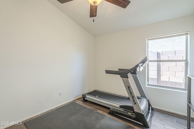 workout area with hardwood / wood-style flooring, ceiling fan, and vaulted ceiling