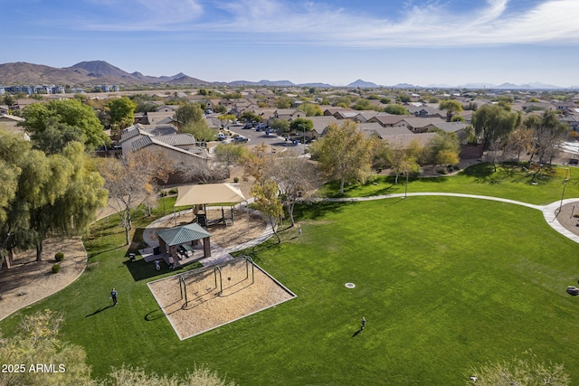 drone / aerial view featuring a mountain view