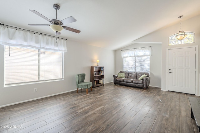 entrance foyer with plenty of natural light, dark hardwood / wood-style floors, and lofted ceiling