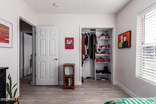 bedroom with multiple windows, a closet, and light wood finished floors