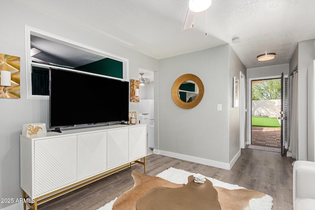 living area featuring a textured ceiling, baseboards, and wood finished floors