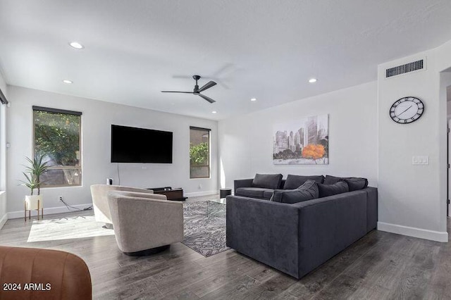 6449 E Paradise Ln, Scottsdale, AZ 85254 - living room featuring a ceiling fan, recessed lighting, baseboards, and dark wood finished floors