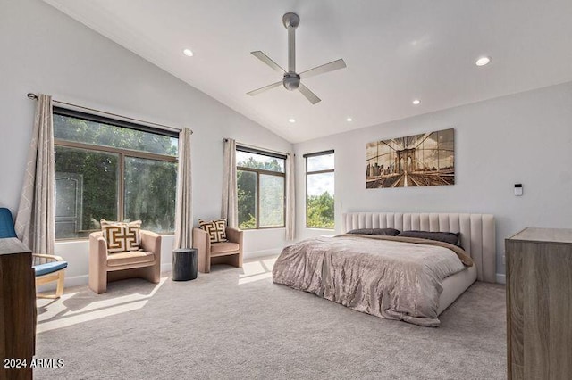 6449 E Paradise Ln, Scottsdale, AZ 85254 - carpeted bedroom featuring vaulted ceiling, recessed lighting, and ceiling fan