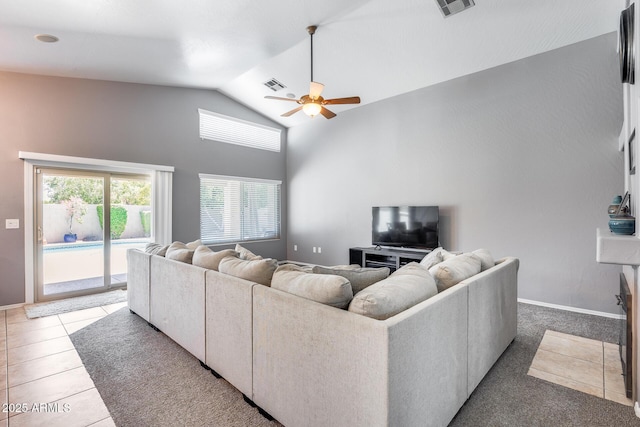 7435 W Trails Dr, Glendale, AZ 85308 - tiled living area with ceiling fan and high vaulted ceiling