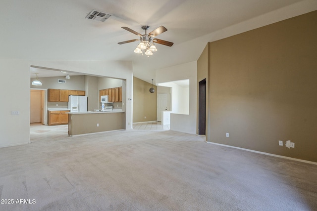 8660 E Nido Ave, Mesa, AZ 85209 - unfurnished living room with vaulted ceiling, a ceiling fan, and light carpet