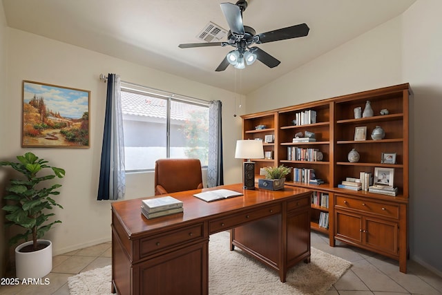 8660 E Nido Ave, Mesa, AZ 85209 - home office with light tile patterned floors, a ceiling fan, and vaulted ceiling