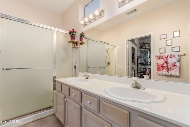 bathroom featuring vanity and a shower with door