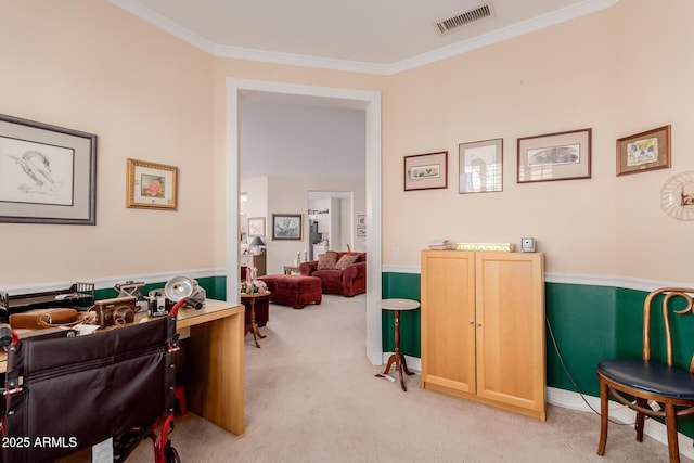 interior space featuring ornamental molding and light carpet