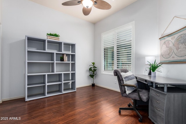 office area featuring baseboards, ceiling fan, and wood finished floors