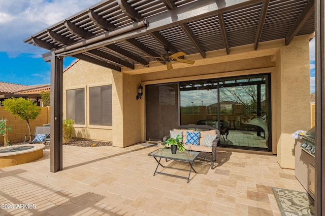 view of patio with a pergola, a ceiling fan, and fence