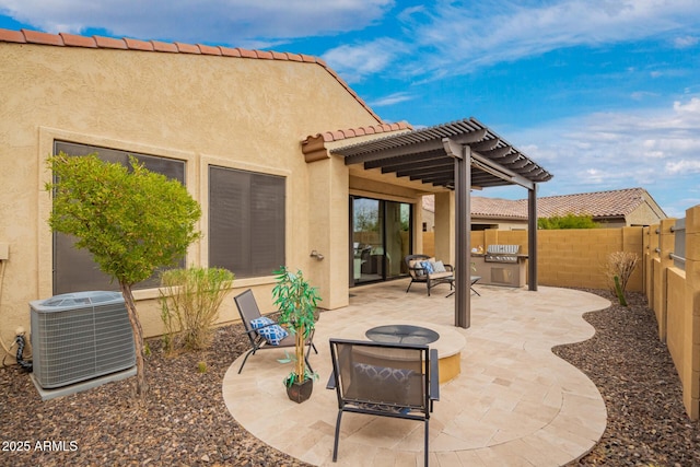 view of patio with central AC, a fenced backyard, and a pergola