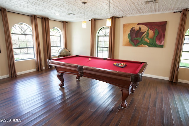 game room featuring dark hardwood / wood-style floors and billiards