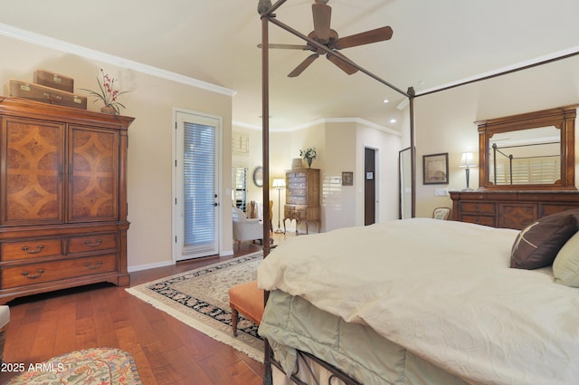 bedroom featuring ceiling fan, dark hardwood / wood-style floors, ornamental molding, and access to outside