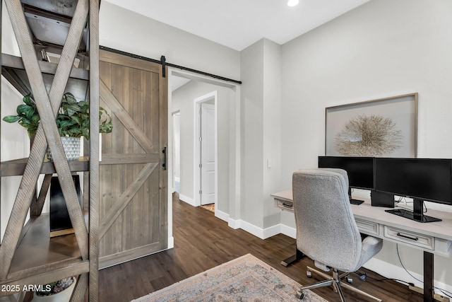 11233 N Blakely St, Surprise, AZ 85388 - office space featuring baseboards, a barn door, dark wood-style flooring, and recessed lighting