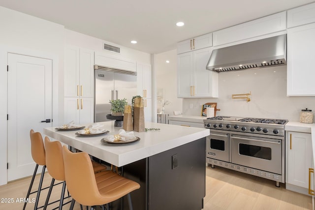 kitchen with high quality appliances, white cabinetry, and extractor fan