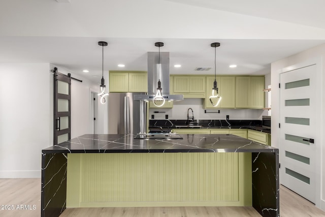 4019 E Surrey Ave, Phoenix, AZ 85032 - kitchen featuring light wood-type flooring, a sink, dark countertops, stainless steel appliances, and island range hood
