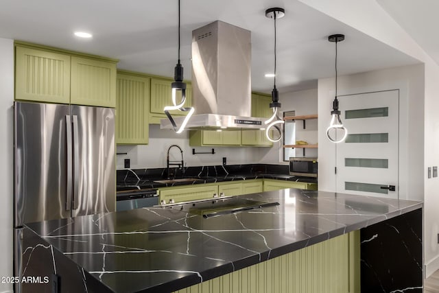 4019 E Surrey Ave, Phoenix, AZ 85032 - kitchen featuring island exhaust hood, dark countertops, appliances with stainless steel finishes, green cabinetry, and a sink