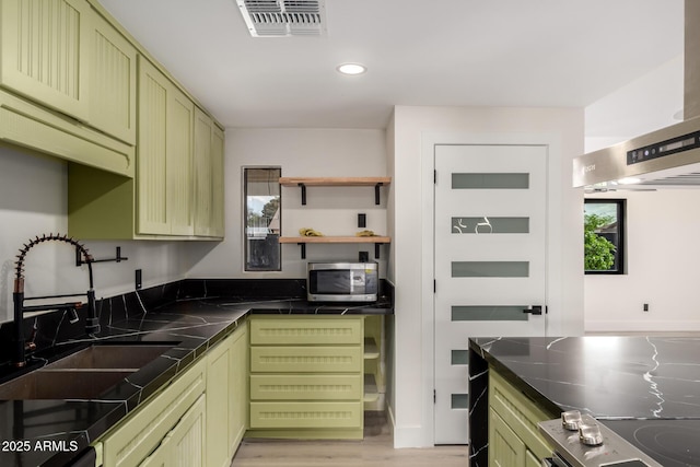 4019 E Surrey Ave, Phoenix, AZ 85032 - kitchen with visible vents, green cabinetry, a sink, light wood-style floors, and stainless steel microwave
