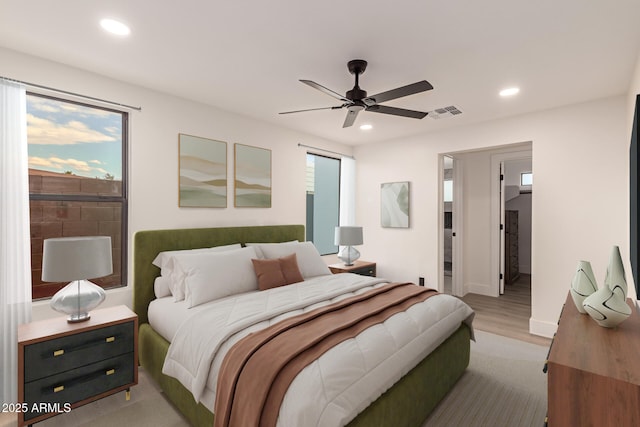 4019 E Surrey Ave, Phoenix, AZ 85032 - bedroom with recessed lighting, visible vents, light wood-type flooring, and ceiling fan
