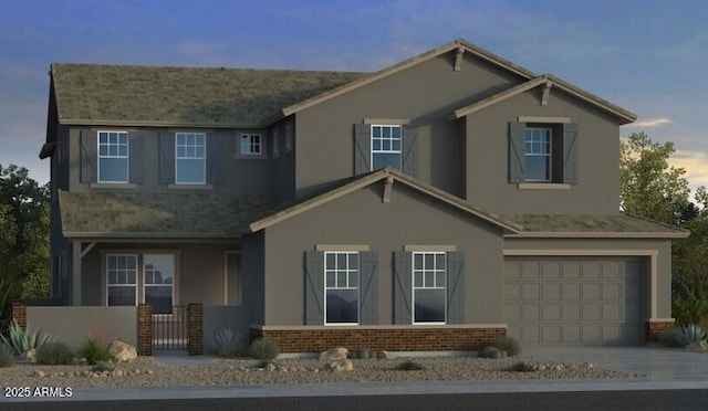 view of front of property with brick siding, stucco siding, an attached garage, and concrete driveway