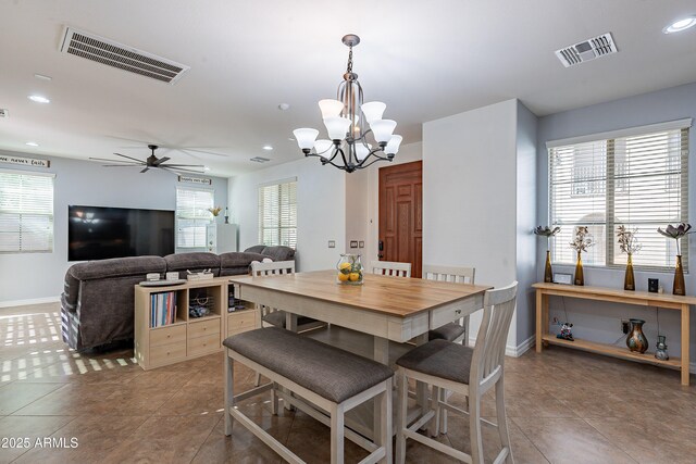 dining area featuring recessed lighting, visible vents, ceiling fan with notable chandelier, and tile patterned flooring
