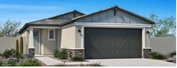 view of front facade featuring a garage, stone siding, board and batten siding, and concrete driveway