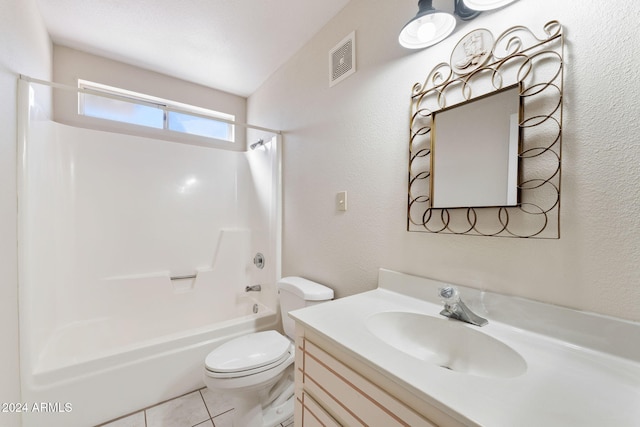 full bathroom featuring vanity, washtub / shower combination, toilet, and tile patterned flooring