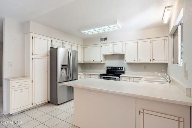 kitchen featuring sink, white cabinets, kitchen peninsula, and stainless steel appliances