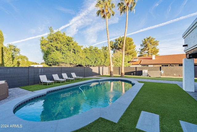 view of swimming pool with a lawn