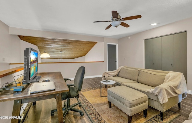 2800 N Saddleback Way Unit 2, Flagstaff, AZ 86004 - home office with baseboards, wooden ceiling, wood finished floors, and a ceiling fan