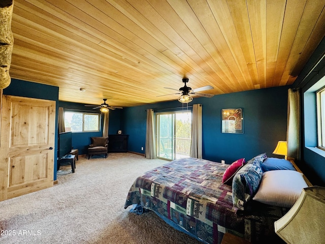 bedroom featuring a ceiling fan, wooden ceiling, multiple windows, and carpet