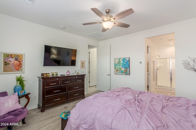 bedroom featuring ceiling fan and light carpet