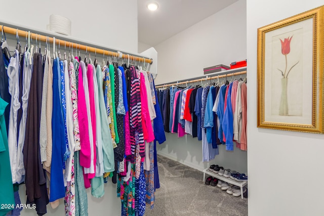 walk in closet featuring carpet flooring