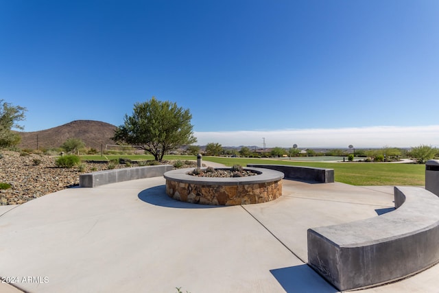 view of patio / terrace with a mountain view