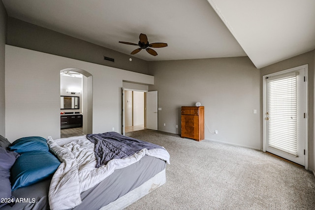 bedroom with connected bathroom, ceiling fan, and carpet floors