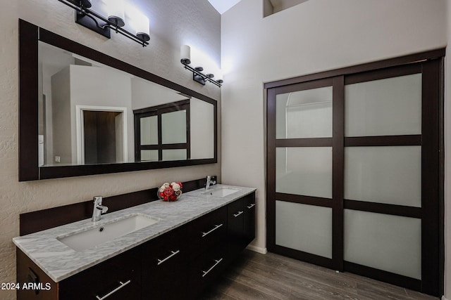 bathroom featuring dual bowl vanity and hardwood / wood-style flooring