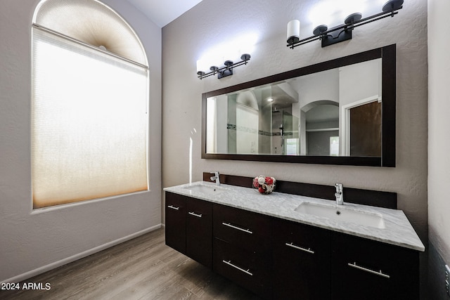 bathroom featuring dual bowl vanity, hardwood / wood-style flooring, and plenty of natural light