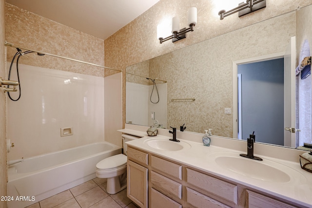 full bathroom with shower / bath combination, toilet, double sink vanity, and tile patterned floors