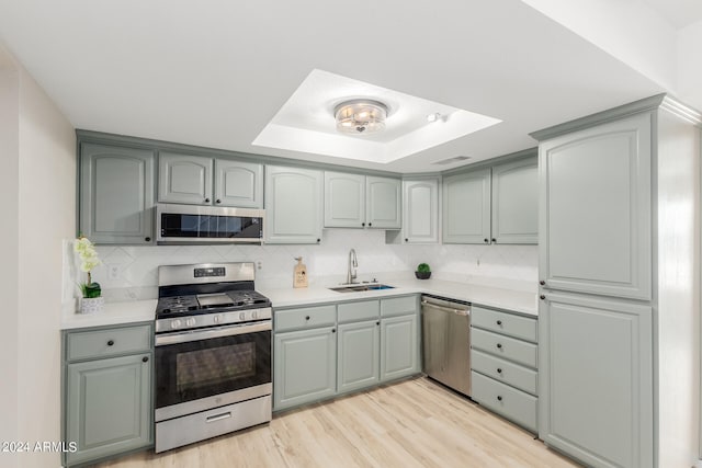 kitchen with appliances with stainless steel finishes, sink, backsplash, and light wood-type flooring