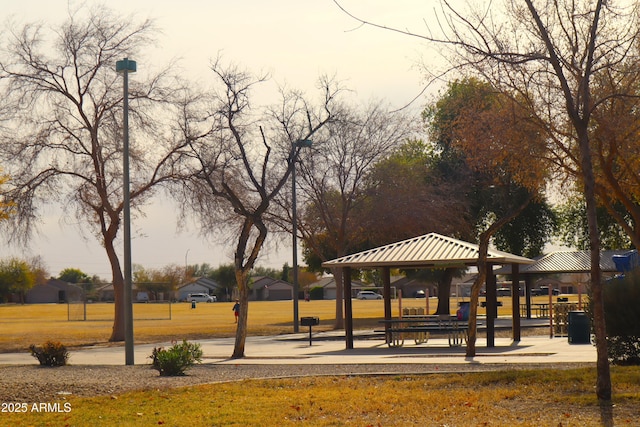 view of community featuring a gazebo and a lawn