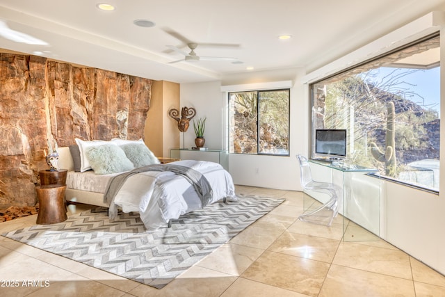 bedroom featuring light tile patterned floors, recessed lighting, and a ceiling fan