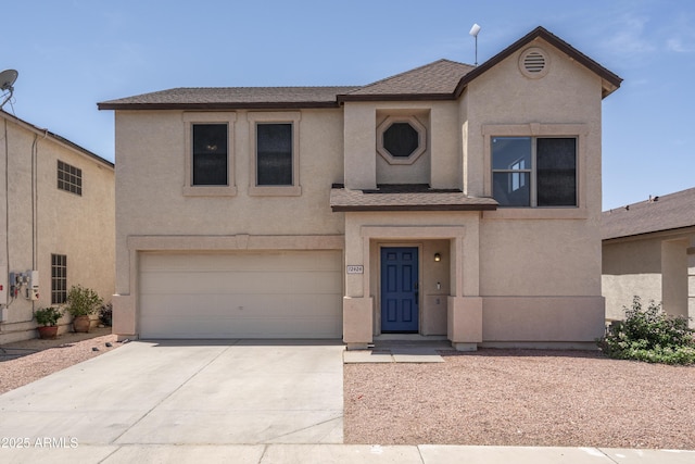 12424 N B St, El Mirage, AZ 85335 - view of front of house with stucco siding, a garage, concrete driveway, and a shingled roof