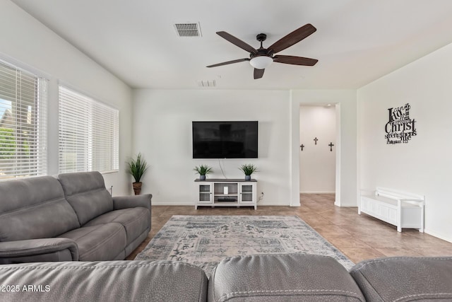 living room with ceiling fan and tile patterned flooring